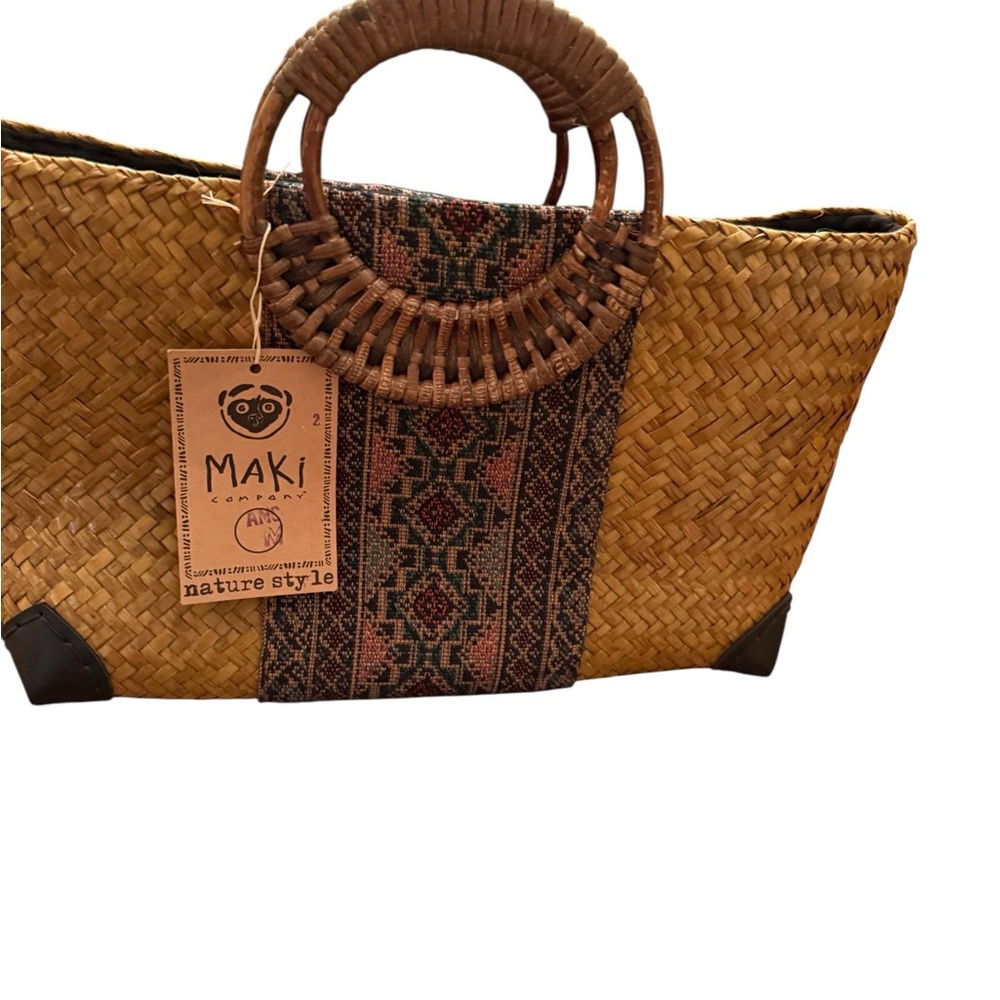 Women's Natural Woven Tote with Patterned Accent